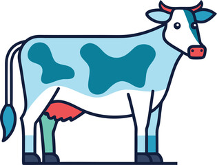 A modern, stylized vector illustration of a cow with abstract blue and green patches, outlined in bold lines, on a white background.  
