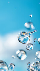 Bubbles rising in crystal clear blue skies outdoor nature scene water droplets tranquil environment upward view refreshing concept