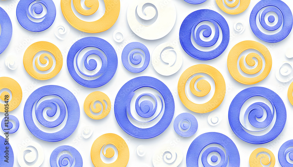 Poster abstract background with overlapping circles in blue, yellow, and white, featuring a spiral design. 