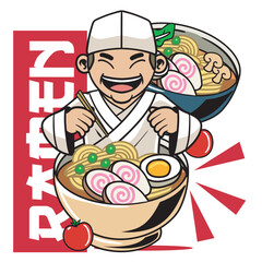 Vector Illustration of Chef Eating Ramen with Cute Illustration Available for Tshirt Design