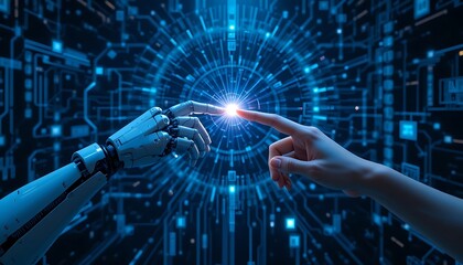 Futuristic AI and Human Connection – Robotics Meets Technology,
Artificial Intelligence Hand Touching Human Finger – Digital Future,
Innovative Tech Concept – Human and Robot Interaction in Cyberspace