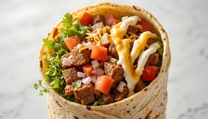 Delicious Grilled Chicken Burrito with Fresh Ingredients, Tasty Mexican Burrito with Chicken, Cheese, and Veggies, Appetizing Chicken Wrap with Fresh Vegetables and Sauce