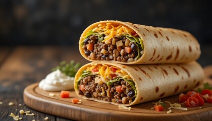 Delicious Grilled Chicken Burrito with Fresh Ingredients, Tasty Mexican Burrito with Chicken, Cheese, and Veggies, Appetizing Chicken Wrap with Fresh Vegetables and Sauce
