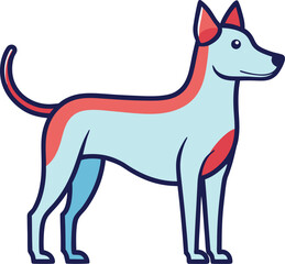 Minimalist vector illustration of a dog with blue and red, A simple vector illustration of a dog with a light blue body and red accents, outlined in black, showcasing a clean and modern design.
