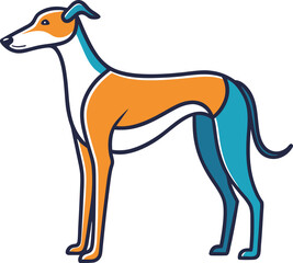 Stylized vector illustration of a greyhound dog, A sleek vector illustration of a greyhound dog featuring a modern design with orange, turquoise, and white color blocks and bold outlines.
