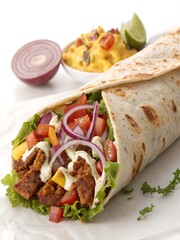 Delicious Grilled Chicken Burrito with Fresh Ingredients, Tasty Mexican Burrito with Chicken, Cheese, and Veggies, Appetizing Chicken Wrap with Fresh Vegetables and Sauce