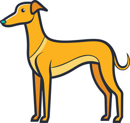 Stylized vector illustration of a greyhound dog, A modern, stylized vector drawing of a greyhound dog standing with a sleek yellow body and subtle blue details in a minimalist design.
