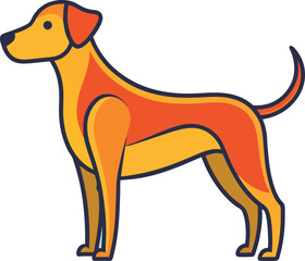 Colorful geometric dog illustration in vector style, A vibrant vector illustration of a standing dog with a geometric, modern design. The minimalistic artwork features warm orange and yellow tones.
