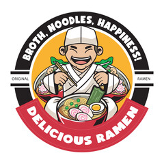 Vector Illustration of Chef Eating Ramen with Cute Illustration Available for Tshirt Design