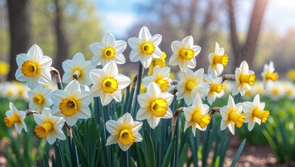 Fototapeta premium 陽光に輝く水仙の花畑