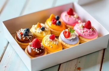 Delicious desserts with colorful glazing decorated with fruits, berries, sprinkles, coconut flakes in the white delivery box on the light colored table. 