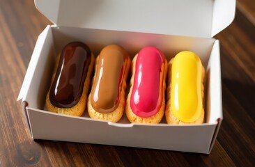 Colorful eclairs with colorful glaze in the white delivery box. 