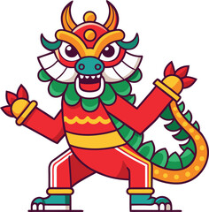 A vibrant and playful vector illustration of a dragon dance character, featuring bright colors and traditional attire, perfect for cultural and festive designs.

