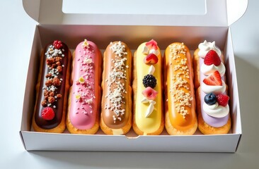 Delivery set with delicious eclaires, desserts, decorated with colorful glazing, different toppings, fresh berries, whipped cream, chopped nuts. Colorful eclaires with different tastes
