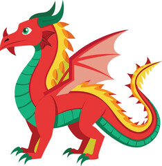 Red and Green Dragon Character Illustration Vector, A colorful red dragon with green accents and large wings, created in a playful vector art style.
