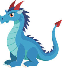 Blue Dragon Character Illustration Vector, A playful blue dragon with red horns and a spiked back, designed in a vibrant vector art style.
