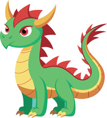 Cartoon Green Dragon Vector Illustration with Spikes, A playful and colorful vector illustration of a green dragon with red spikes and a cute expression, ideal for fantasy and children's designs.
