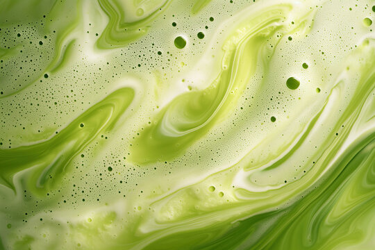 Naklejki frothy matcha latte with its signature vibrant green color and delicate swirling foam patterns, a macro and full-frame texture shot, close-up texture, top view