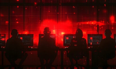 cybersecurity team working in a control room, monitors their screens in a darkened environment.