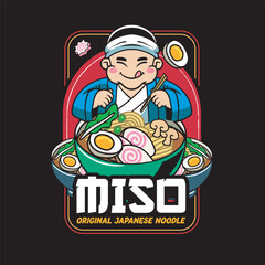 Vector Illustration of Chef Eating Ramen with Cute Illustration Available for Tshirt Design
