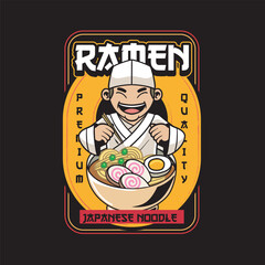 Vector Illustration of Chef Eating Ramen with Cute Illustration Available for Tshirt Design