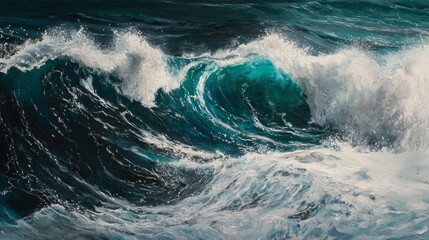 Aerial oceanscape capturing massive wave formation, turquoise deep water meeting white foam spray, dynamic water motion, crystalline droplet dispersion, dramatic natural lighting, high-detail wave