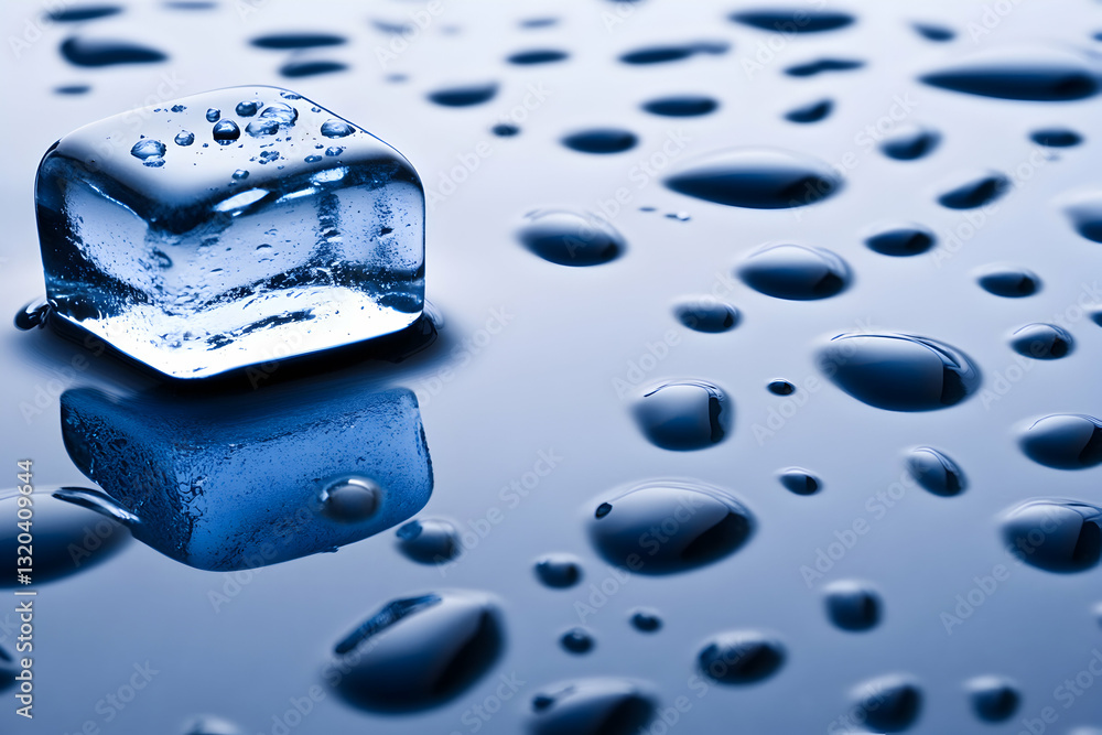 Poster Close-up of a single ice cube melting on a cool blue surface, surrounded by water droplets.  A refreshing and visually appealing image.