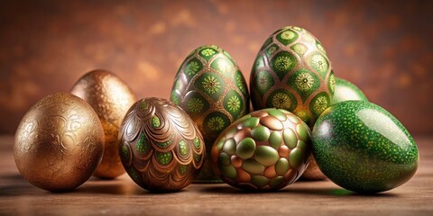 Luxurious Easter Eggs: Gold Patterned Green & Brown Eggs on Rosy Brown Background - Festive Holiday Wallpaper