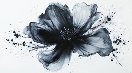 Dark liquid ink bloom, organic spreading pattern, rich black watercolor diffusion, textured grain surface, moody fluid dynamics, abstract splatter formation, high contrast monochromatic style