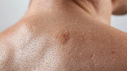 Fototapeta premium Close-up dermatological view of male upper back showing scattered brown moles against fair skin, soft medical lighting illuminating textural details, shallow depth of field highlighting three