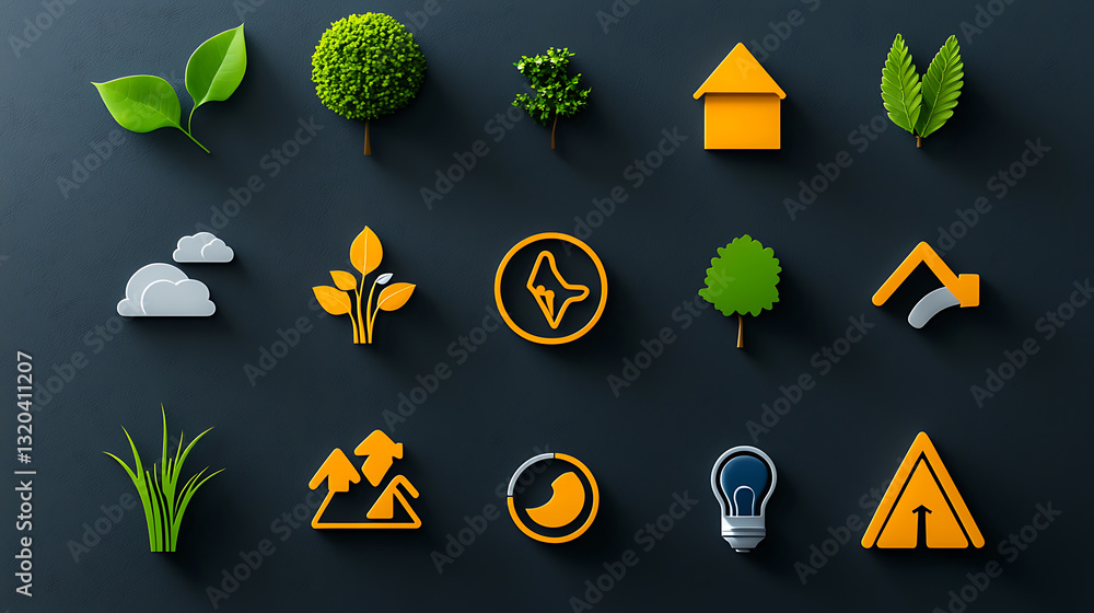 Poster eco-friendly icon set featuring nature elements modern design digital graphics minimalist style visu