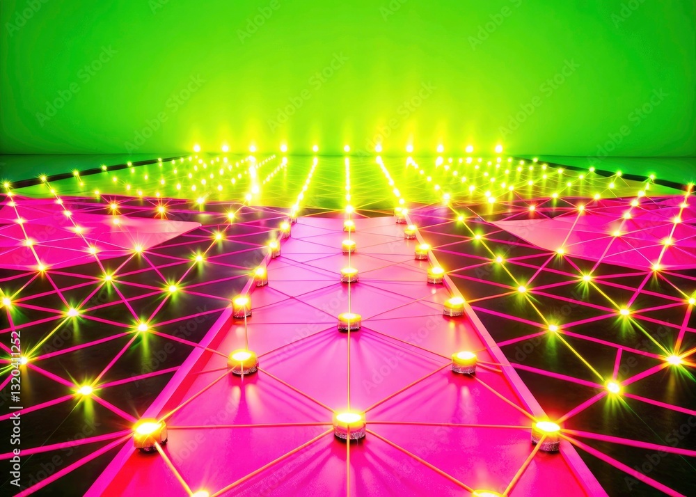 Poster decentralized network, glowing pathways, hub, blockchain technology, distributed system, network arc
