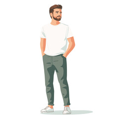 Fototapeta premium Young Man standing with hands in pockets character isolated on a white background, Flat style cartoon vector illustration