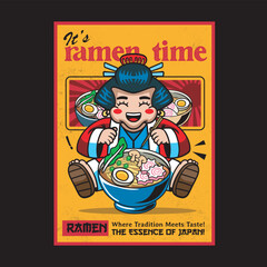 Vector Illustration of Geisha Eating Ramen with Cute Illustration Available for Poster