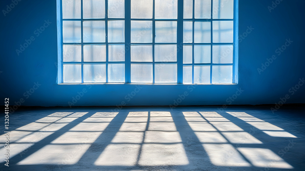 Poster sunlight streams through a large window in a blue room, casting a gridded shadow on the floor. perfe
