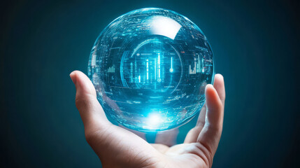 hand holding glowing crystal ball with digital financial symbols, representing technology and innovation