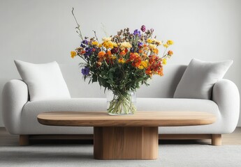 Cozy Living Room with Beautiful Flower Arrangement in a Glass Vase on Wooden Coffee Table Next to Soft Sofa Set Against Neutral Wall Background