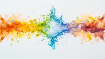 Fototapeta premium Explosive watercolor paint splatter radiating outward, seamless rainbow spectrum transition, dynamic fluid motion, delicate paint droplets suspended, soft gradient blending, pristine white backdrop,