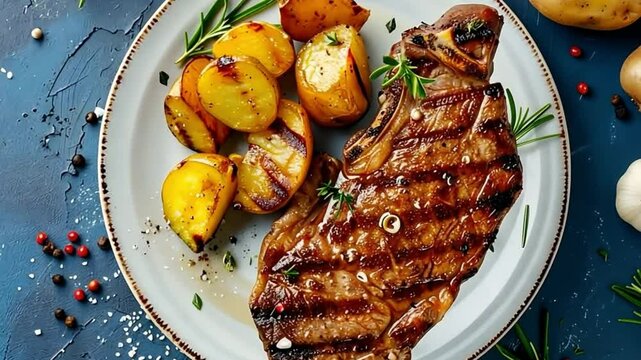 top view of pork steak with potatoes on a plate on a blue concrete background