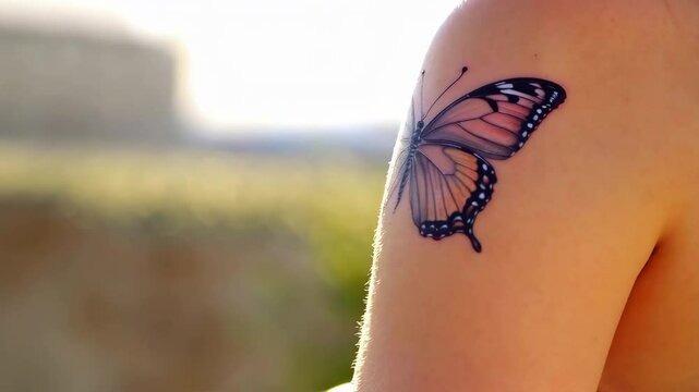 Woman has tattoo of butterfly on her arm.