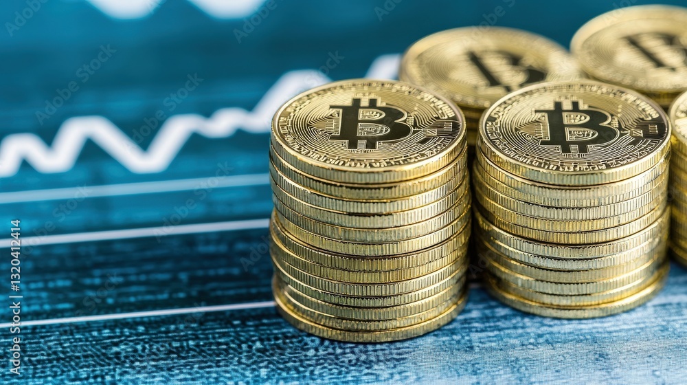 Poster budget income optimization concept. stacks of bitcoin coins on a blue background with a graph.