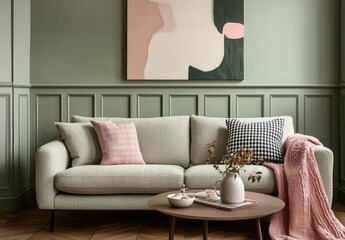 Obraz premium Cozy living room with soft green walls, modern sofa, decorative pillows, and stylish art piece, creating a warm and inviting atmosphere for relaxation