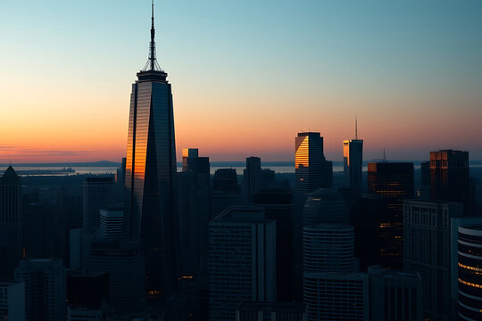 City skyline at dusk stock-image with a golden sunset glow illuminating towering skyscrapers, casting vibrant reflections on glass windows, under  - Powered by Adobe