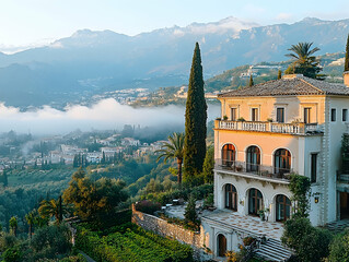 Fototapeta premium Scenic vista of luxury estate nestled in valley with mountains and mist
