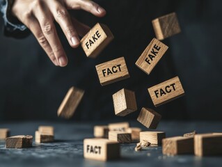 A hand tossing wooden blocks labeled 'FACT' and 'FAKE' representing truth and misinformation.