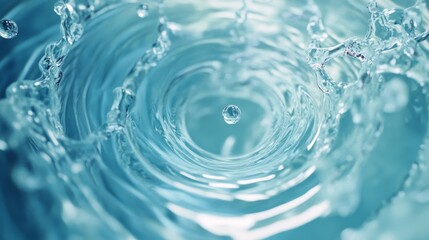 Graceful water spiral with floating spherical drops, fluid motion trails, pure aqua blue swirls, pristine liquid formations, dynamic splash patterns, transparent water sheets, clean crisp movement
