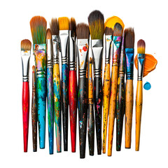 Colorful Paintbrushes with Dried Paint Arranged Isolated on White Background