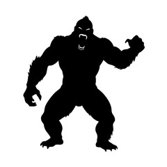 Fototapeta premium Black Silhouette of Mighty Gorilla Pounding Chest with Fierce Expression on White Background