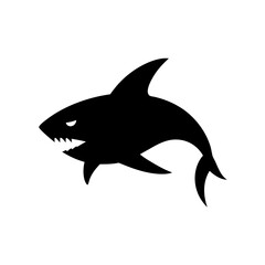 Fototapeta premium Black Silhouette of Menacing Shark Swimming with Sharp Teeth on White Background