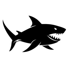 Fototapeta premium Black Silhouette of Menacing Shark Swimming with Sharp Teeth on White Background